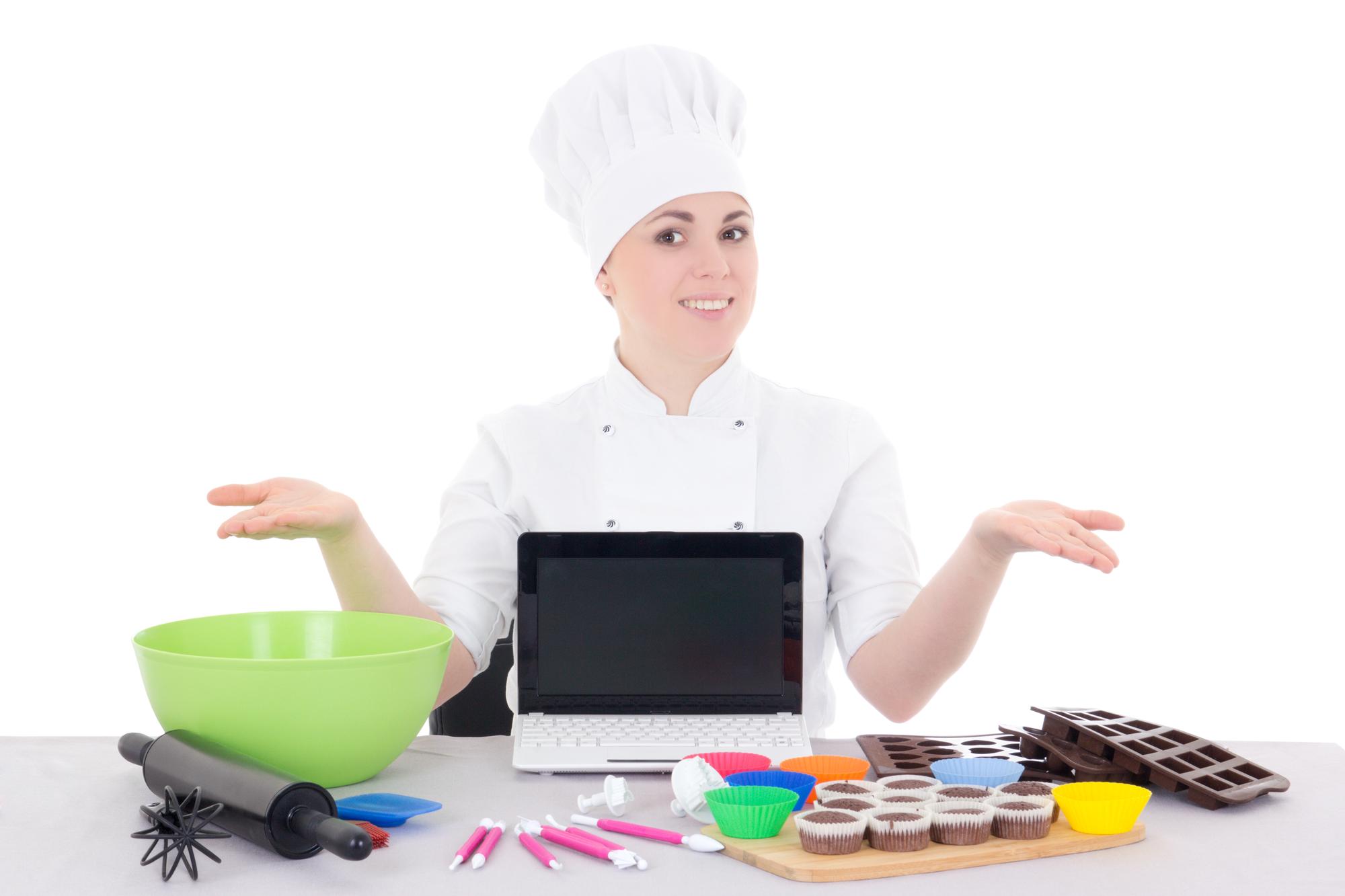 Chef teaching online class in bright kitchen